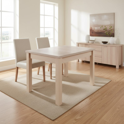Elegante mesa de comedor con tapa de madera en color beige para comedor moderno.
