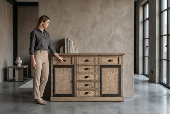 Consola de madera marrón con cajón y estante, mesa auxiliar, aparador, cómoda, muebles.