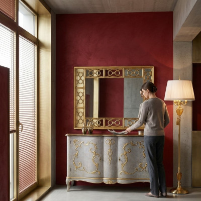 Espejo de diseñador clásico, espejo de pared barroco rococó de 150x114 cm con marco de madera.