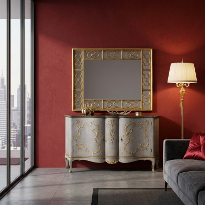 Espejo de diseñador clásico, espejo de pared barroco rococó de 150x114 cm con marco de madera.