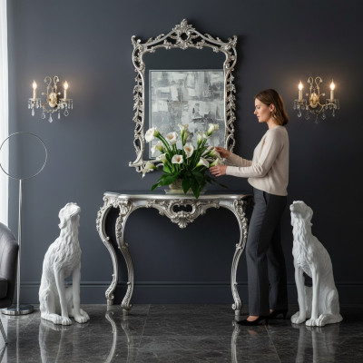 Barroco, consola, mesa de pared, mesa de pasillo, mesa clásica de madera y plata, nueva.