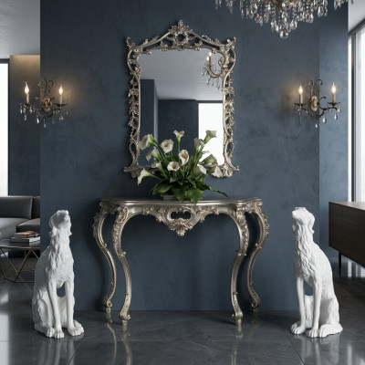 Barroco, consola, mesa de pared, mesa de pasillo, mesa clásica de madera y plata, nueva.