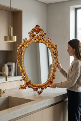 Espejo de pared grande clásico, espejo colgante de madera dorada para vestíbulo 64x104 cm.