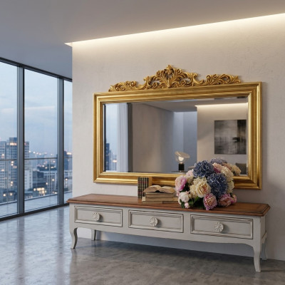 Espejo con marco de madera Gran espejo de pared Lujo Diseñador clásico Barroco Rococó Madera
