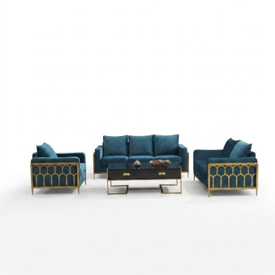Conjunto de sofás de acero inoxidable azul de 3 plazas y 2 plazas, sofás acolchados para salones modernos.