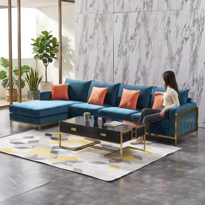 Sofá esquinero en forma de L Mesa de centro Sofá Diseño de lujo Cojín Azul Mesa