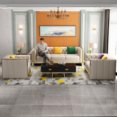 Sofá Chesterfield beige de 3 + 2 plazas, conjunto de sofás tapizados de cuero para la sala de estar.