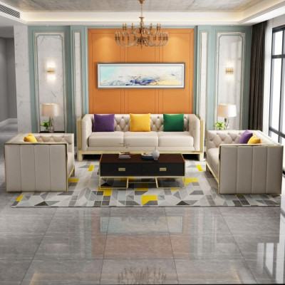 Sofá Chesterfield beige de 3 + 2 plazas, conjunto de sofás tapizados de cuero para la sala de estar.