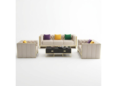 Sofá Chesterfield beige de 3 + 2 plazas, conjunto de sofás tapizados de cuero para la sala de estar.