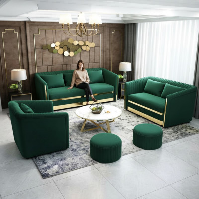 Conjunto de sofás de acero inoxidable verde 3+2 con cojines para la sala de estar.