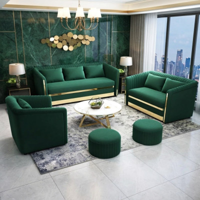 Conjunto de sofás de acero inoxidable verde 3+2 con cojines para la sala de estar.