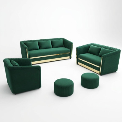 Conjunto de sofás de acero inoxidable verde 3+2 con cojines para la sala de estar.