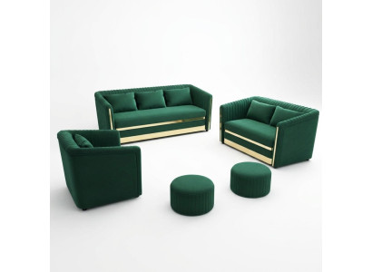 Conjunto de sofás de acero inoxidable verde 3+2 con cojines para la sala de estar.