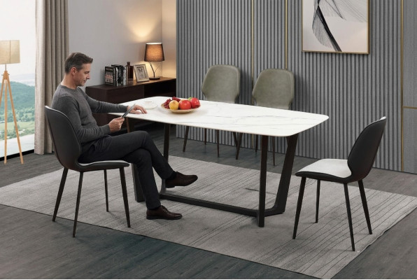 Mesa de lujo de acero inoxidable imitación de mármol piedra decorativa mesa de comedor mesa de comedor.