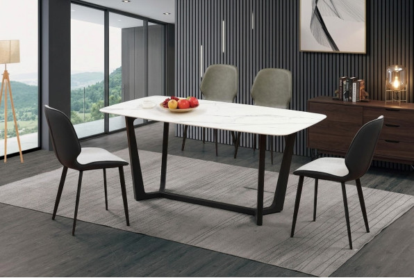 Mesa de lujo de acero inoxidable imitación de mármol piedra decorativa mesa de comedor mesa de comedor.