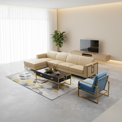 Sofá de diseño Sofá esquinero con taburete conjunto de tapicería de salón.