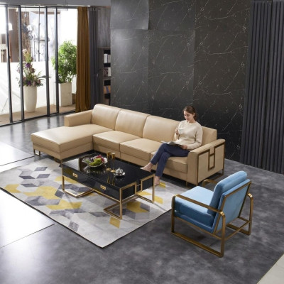 Sofá moderno, sofá en esquina en forma de L, sillón, mesa de centro, taburete, sofá en esquina, tapizado.