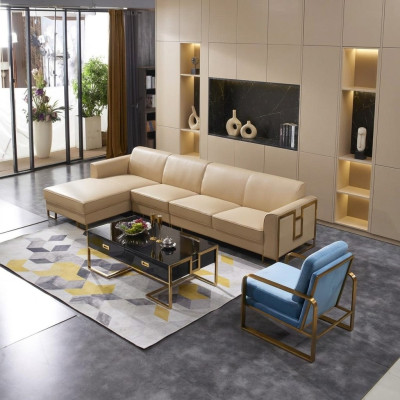 Sofá moderno, sofá en esquina en forma de L, sillón, mesa de centro, taburete, sofá en esquina, tapizado.