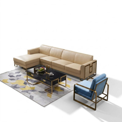 Sofá moderno, sofá en esquina en forma de L, sillón, mesa de centro, taburete, sofá en esquina, tapizado.