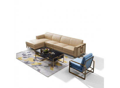Sofá moderno, sofá en esquina en forma de L, sillón, mesa de centro, taburete, sofá en esquina, tapizado.