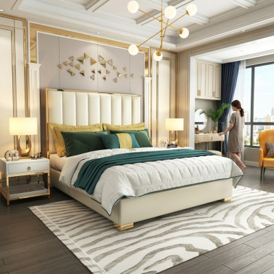 Dormitorio clásico cama blanca textil camas cuero acolchado doble.