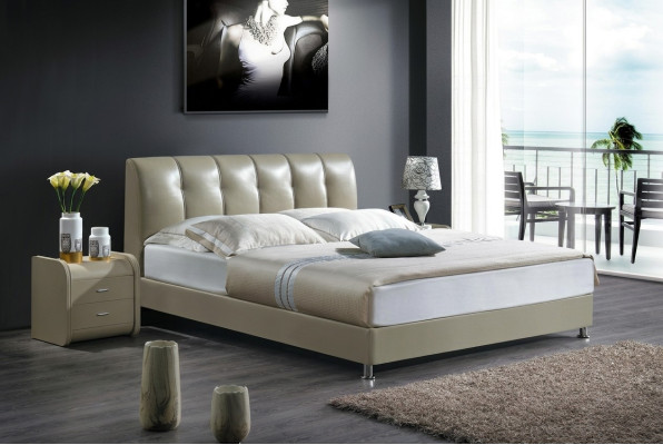 Diseño de lujo de cama acolchada de dormitorio de lujo, camas dobles de hotel de lujo, camas de cuero nuevas.