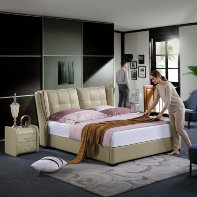 Clásica cama de dormitorio Beige Textil Camas Cuero Tapicería Doble 180x200cm.