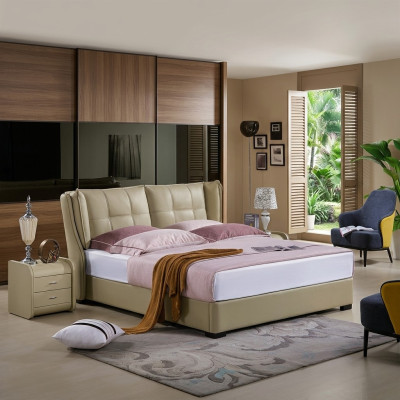 Clásica cama de dormitorio Beige Textil Camas Cuero Tapicería Doble 180x200cm.