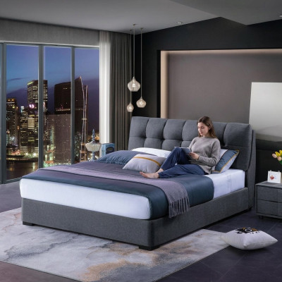 Diseño de cama de lujo doble de hotel matrimonial azul estilo blanco.