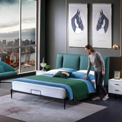 Diseño de cama verde doble de lujo matrimonial moderno con marco para dormitorio de hotel.