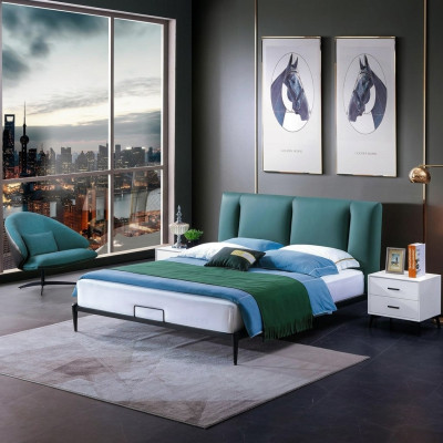 Diseño de cama verde doble de lujo matrimonial moderno con marco para dormitorio de hotel.