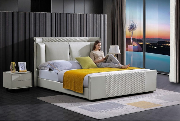 Conjunto de cama de diseño de dormitorio de lujo, con 2 mesitas de noche y estructura de cama de 3 piezas.