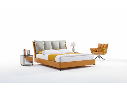 Diseño de cama de lujo de tela de hotel naranja, muebles de dormitorio de cama doble de hotel nuevos.