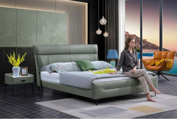 Completa cama Cama de cuero verde Camas Diseño de lujo Muebles de dormitorio 180x200