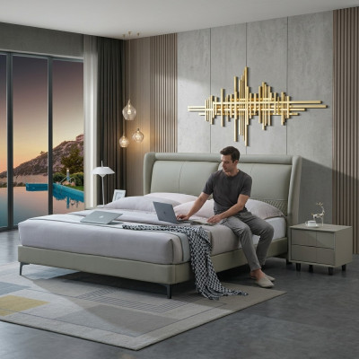 Cama matrimonial Dormitorio Camas Muebles de lujo Cama doble Beige Mobiliario de hotel