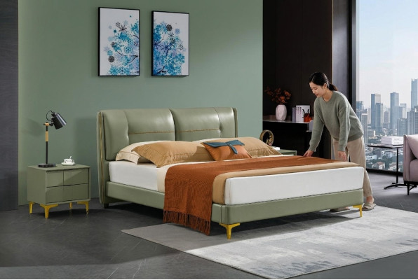 Dormitorio Set Cama Mesita de noche Diseño Moderno Lujo Camas Cuero 3 piezas.