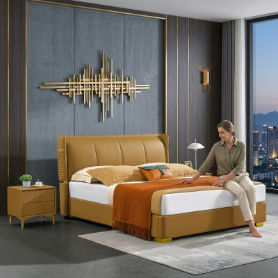 Juego de dormitorio Cama Mesita de noche Diseño Camas modernas Grupo de cuero