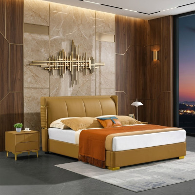 Juego de dormitorio Cama Mesita de noche Diseño Camas modernas Grupo de cuero