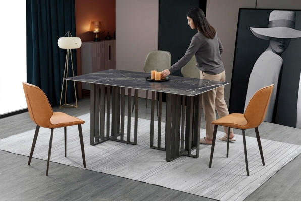 Mesa de comedor de lujo acero inoxidable imitación mármol mesa de comedor 180x90cm