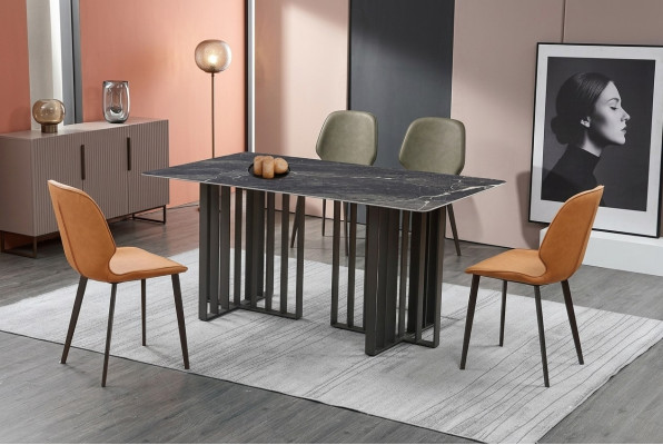 Mesa de comedor de lujo acero inoxidable imitación mármol mesa de comedor 180x90cm
