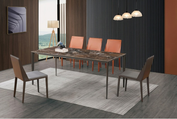 Mesa de comedor de lujo - Mueble de comedor Mesa de diseño de metal con aspecto de mármol