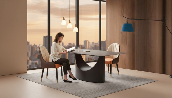 Mesa de comedor de lujo con pie de columna con aspecto de mármol, muebles de comedor.