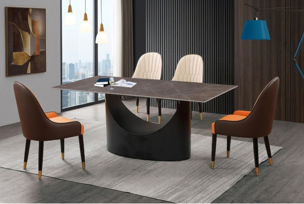 Mesa de comedor de lujo con pie de columna con aspecto de mármol, muebles de comedor.