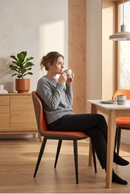 Juego de sillas tapizadas modernas para comedor con asientos de cuero y madera.