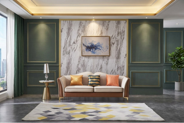 Sofá de tres plazas clásico, nuevo, tapizado en cuero para la decoración del salón.