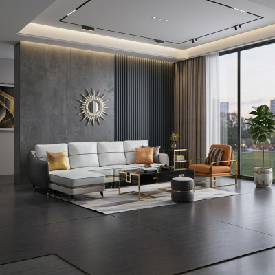 Conjunto de sofá en forma de L para la sala de estar con sillón decorativo, set de muebles moderno de cuero.