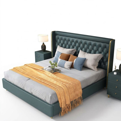Dormitorio Cama Mesitas de noche 3 piezas. Set Diseño Decoración Lujo Camas Cuero