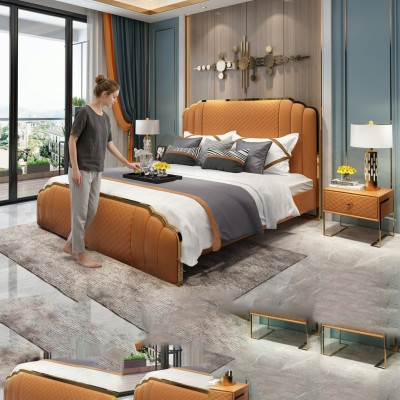 Diseño de cama de cuero para dormitorio conjunto de 3 piezas. 2 mesitas de noche camas muebles de lujo.