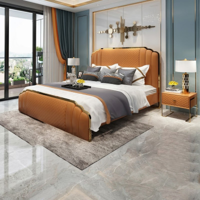Diseño de cama de cuero para dormitorio conjunto de 3 piezas. 2 mesitas de noche camas muebles de lujo.