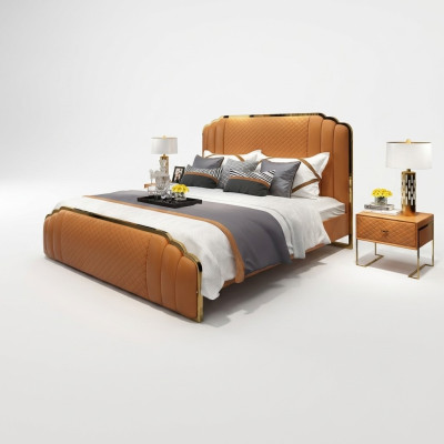 Diseño de cama de cuero para dormitorio conjunto de 3 piezas. 2 mesitas de noche camas muebles de lujo.